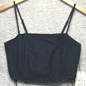 Midnight Sky Black Smocked Corset Crop Top Bustier‎ Linen Blend NEW Size S